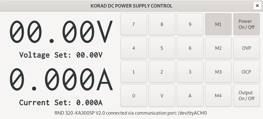 Sučelje aplikacije KORAD DC POWER SUPPLY CONTROL